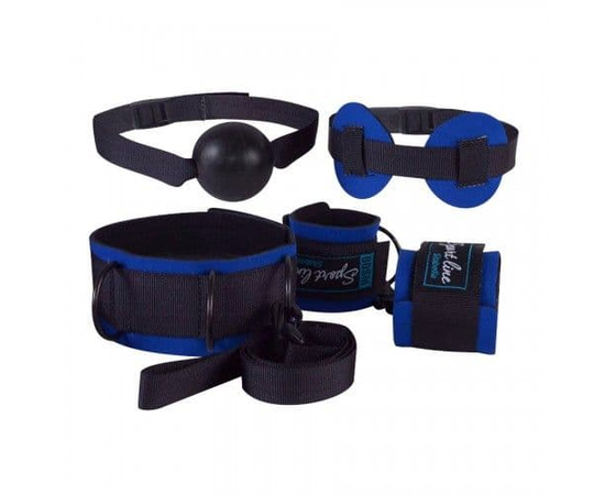 Сине-черный комплект для БДСМ-игр: наручники, кляп-шарик, маска, ошейник, фото 