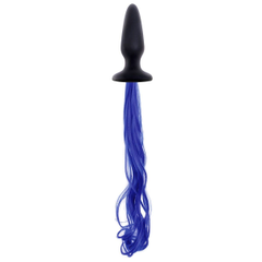 Чёрная анальная пробка с синим хвостом Unicorn Tails Blue, фото 