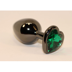 Черная коническая анальная пробка с зеленым кристаллом-сердечком - 8 см., фото 