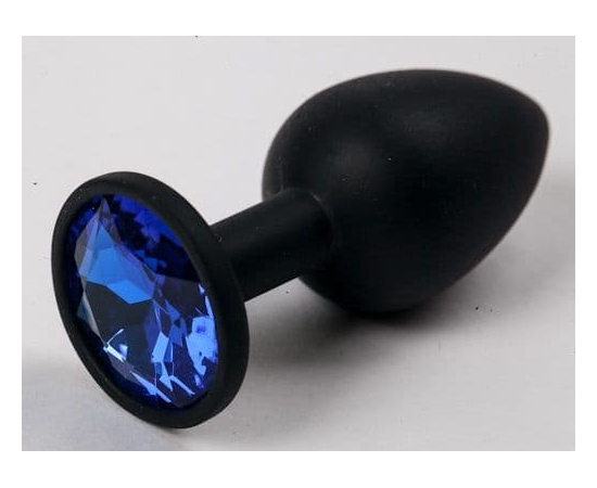 Черная силиконовая анальная пробка с синим стразом - 7,1 см., фото 