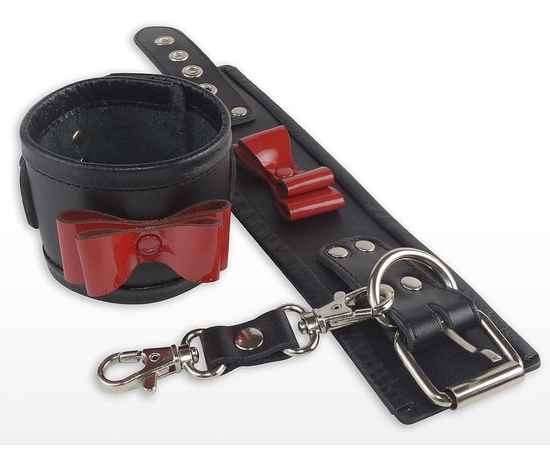 Черные наручники с красными лаковыми бантами, фото 