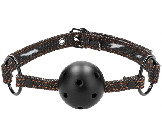 Кляп-шарик With Roughend Denim Straps с черными джинсовыми ремешками, фото 