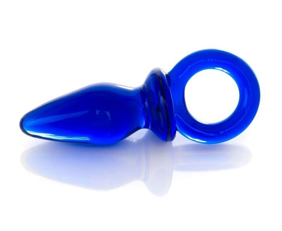Синяя анальная пробка из стекла с ручкой-кольцом - 7 см., фото 