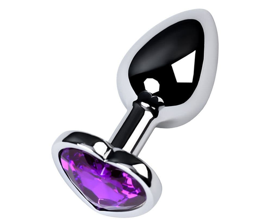 Серебристая коническая анальная пробка с фиолетовым кристаллом-сердечком - 7 см., фото 