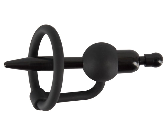 Черный силиконовый дилятор с вибрацией и кольцом PenisPlug with a Glans Ring & Vibration, фото 