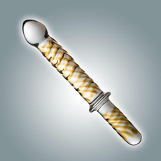 Прозрачный фаллоимитатор с ручкой и золотистым узором - 23 см., Цвет: прозрачный, фото 