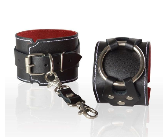 Чёрные кожаные наручники-напульсники с красной изнанкой, фото 