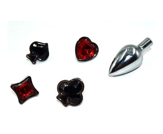 Набор из серебристой анальной пробки из нержавеющей стали и 4 кристаллов в форме мастей - 7,6 см., фото 