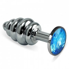 Серебристая фигурная анальная пробка с голубым кристаллом - 8,5 см., фото 