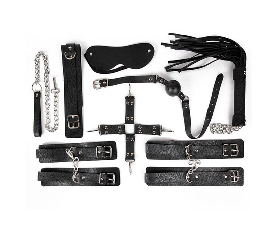 Большой черный набор БДСМ: наручники, оковы, ошейник с поводком, кляп, маска, плеть, фиксатор, Цвет: черный, фото 