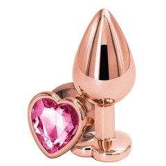 Золотистая анальная втулка с розовым кристаллом в виде сердечка - 7 см., фото 