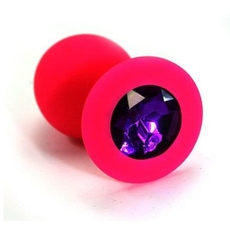 Розовая силиконовая анальная пробка с темно-фиолетовым кристаллом - 7 см., фото 