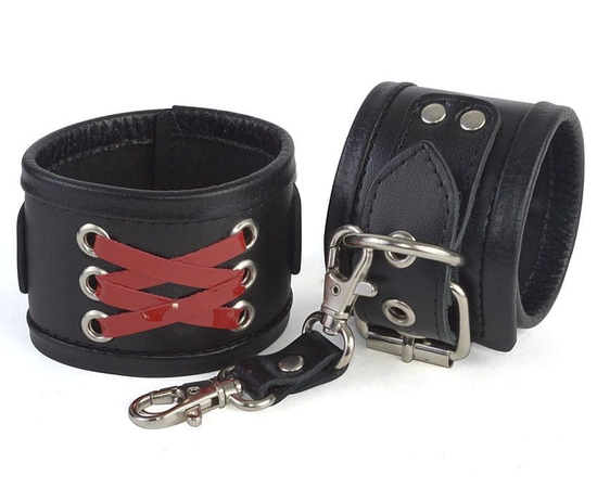 Кожаные наручники с декоративной лаковой шнуровкой, фото 