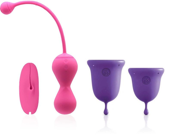 Подарочный набор: розовый тренажер Кегеля MAGIC KEGEL MASTER 2 и фиолетовые менструальные чаши, фото 