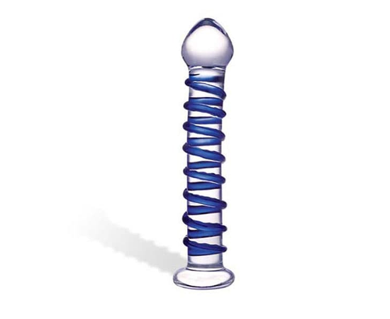 Стеклянный фаллоимитатор с голубой внешней спиралью - 18,5 см., фото 