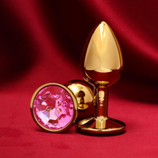 Золотистая анальная пробка с розовым кристаллом, фото 