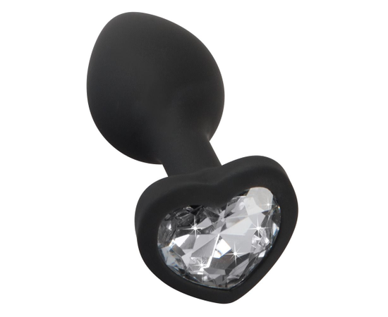 Черная силиконовая анальная пробка с прозрачным стразом-сердечком - 7,3 см., фото 