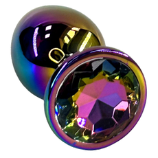 Анальная пробка цвета неохром с радужным кристаллом - 10 см., фото 