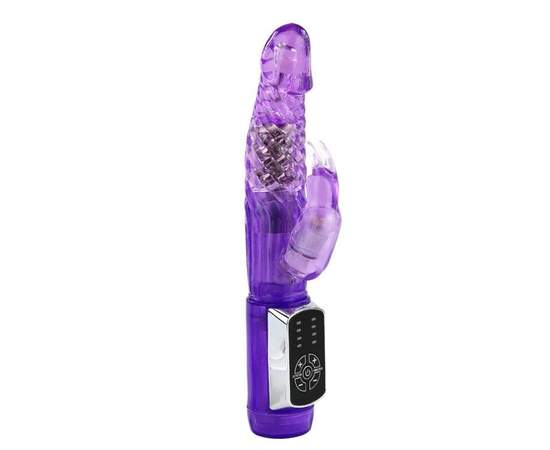 Фиолетовый вибратор с клиторальным стимулятором и ротацией - 21,5 см., фото 