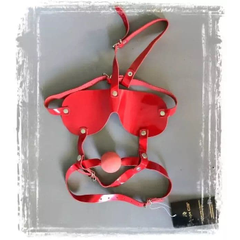 Красная лакированная маска-сбруя с кляпом-шаром, фото 
