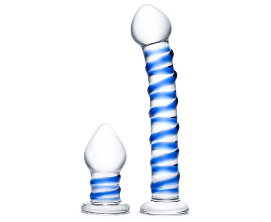 Набор из 2 стеклянных игрушек с синей спиралью Swirly Dildo & Buttplug Set, фото 