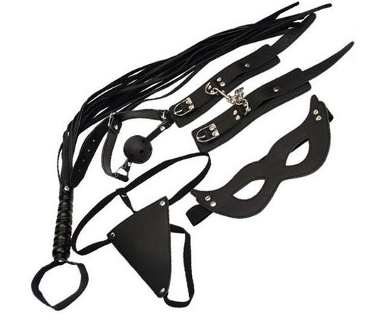 Оригинальный БДСМ-набор: маска, кляп, наручники, стринги, флогер, фото 