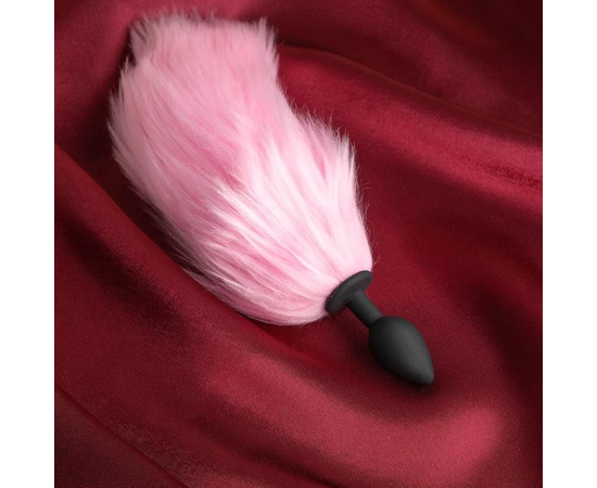 Черная анальная пробка с розовым светящимся хвостом, фото 