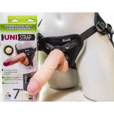 Страпон-унисекс с двумя насадками UNI strap 7" Harness - 19 и 12 см., Цвет: телесный с черным, фото 