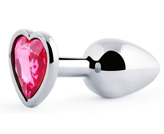 Серебристая анальная пробка с розовым кристаллом-сердечком - 7 см., фото 