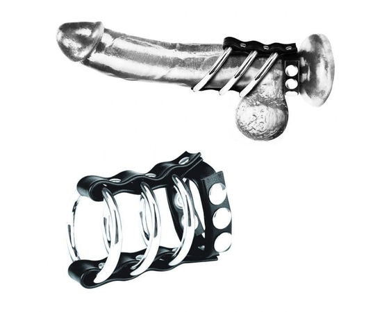 Тройное металлическое кольцо на пенис с регулируемым ремешком, фото 