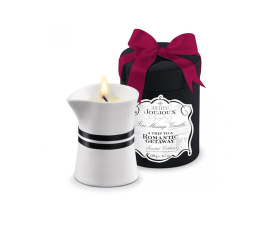 Массажное масло в виде большой свечи Petits Joujoux Romantic Getaway с ароматом имбирного печенья, Объем: 190 гр., Цвет: белый с черным, фото 