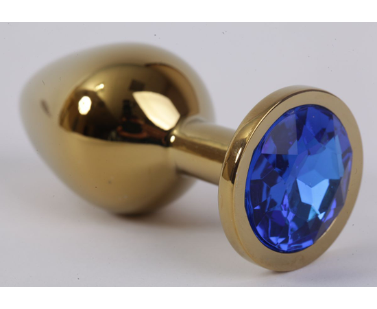 Золотистая анальная пробка с синим кристаллом - 8,2 см., фото 