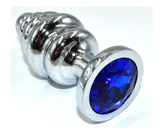 Серебристая анальная пробка из нержавеющей стали с синим кристаллом - 8,8 см., фото 