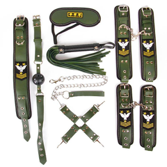Набор в армейской тематике: наручники, оковы, ошейник с поводком, кляп, маска, плеть, фиксатор, Цвет: хаки, фото 