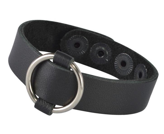 Черный кожаный браслет с колечком, Цвет: черный, фото 