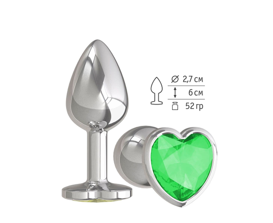 Серебристая анальная втулка с зеленым кристаллом-сердцем - 7 см., фото 