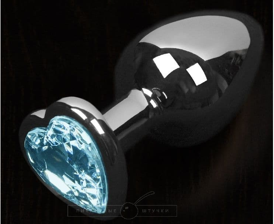 Серая анальная пробка с голубым кристаллом в виде сердечка - 8,5 см., фото 