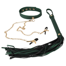 Зелёный комплект Fetish Set: ошейник, цепи с зажимами, плеть, фото 