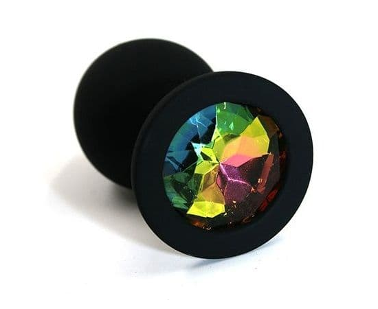 Чёрная силиконовая анальная пробка с радужным кристаллом - 7 см., фото 