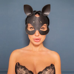 Черная кожаная маска "Кошка" с маленькими ушками, фото 