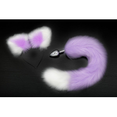 Серебристая анальная пробка с фиолетово-белым хвостиком и ободком-ушками, фото 