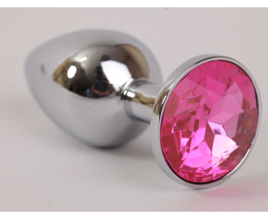 Серебряная металлическая анальная пробка с розовым стразиком - 9,5 см., фото 