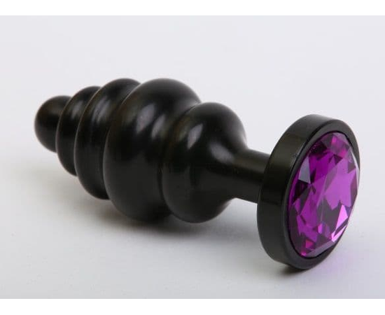 Черная фигурная анальная пробка с фиолетовым кристаллом - 8,2 см., фото 