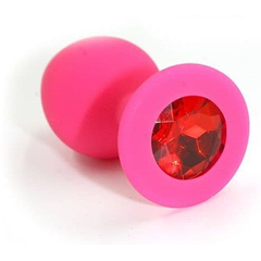 Розовая силиконовая анальная пробка с красным кристаллом - 7 см., фото 