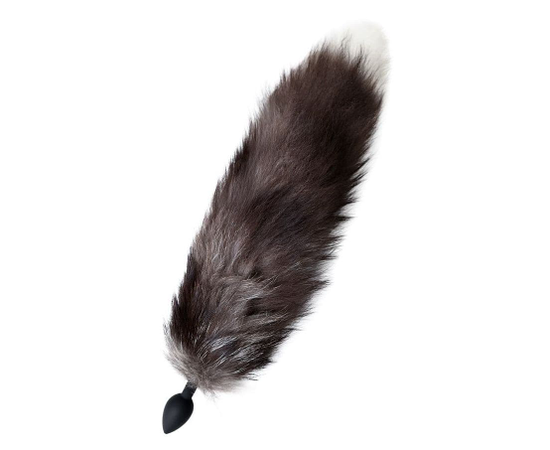 Черная силиконовая анальная втулка с хвостом чернобурой лисы - размер S, фото 
