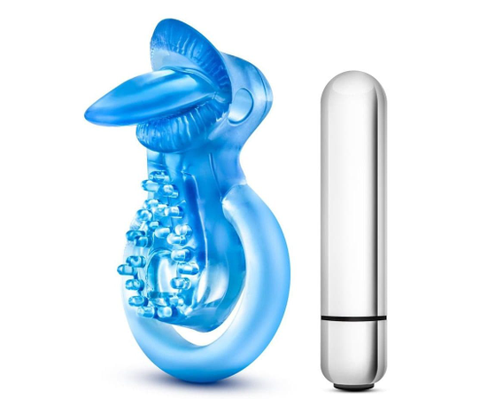 Голубое эрекционное виброкольцо 10 Function Vibrating Tongue Ring, фото 