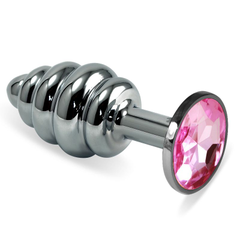 Ребристая анальная пробка Silver Small с кристаллом - 7,6 см., Длина: 7.60, Цвет: серебристый, Дополнительный цвет: Розовый, фото 