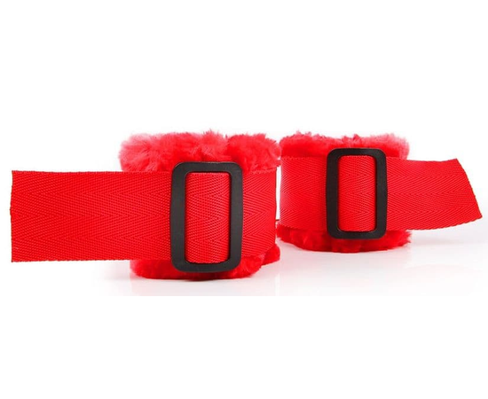 Красные меховые наручники на регулируемых черных пряжках, фото 