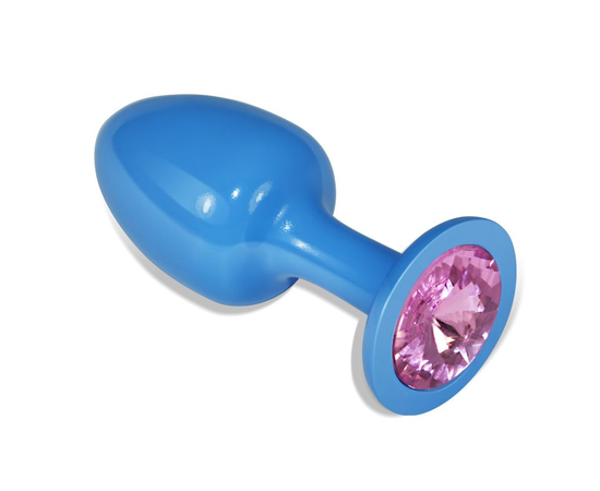 Голубая анальная втулка с розовым кристаллом - 8,2 см., Длина: 8.20, Цвет: голубой, Дополнительный цвет: Розовый, фото 