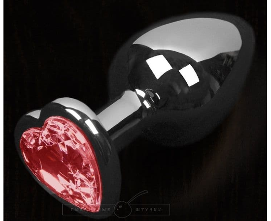 Серая анальная пробка с красным кристаллом в виде сердечка - 8,5 см., фото 